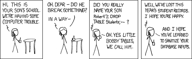 
                        *Phone rings*
                        phone: Hi, this is your son's school.
                        phone: We're having some computer trouble.

                        mom: Oh, dear - did he break something?

                        phone: In a way-
                        phone: Did you really name your son Robert'); DROP TABLE Students; --?

                        mom: Oh. Yes. Little Bobby tables, we call him.

                        phone: Well, we've lost this years student records.
                        phone: I hope you're happy.

                        mom: And I hope you've learned to sanitize your database inputs.
                        